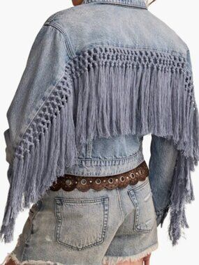 Lucky Brand Westival Fringe Crop Denim Jacket Size Small